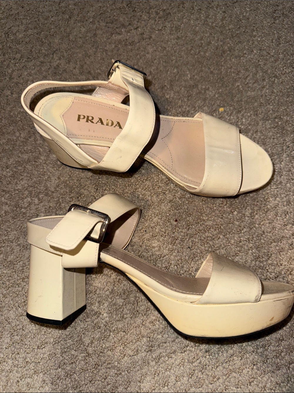 Prada Ivory Leather Block Heel Sandals